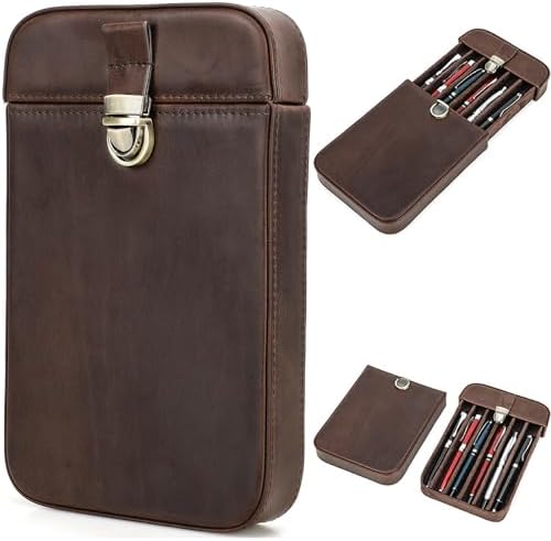Top Grain Genuine Leather 6 Fountain Pen/Pencil Tray Case Holder, Handmade Minimalist Design, Brass Plug-in Lock with Drawer Design, Gift Choice for Man/Woman/Office, Matte Coffee, 6 Slots by CataPurusLeatherCrafts