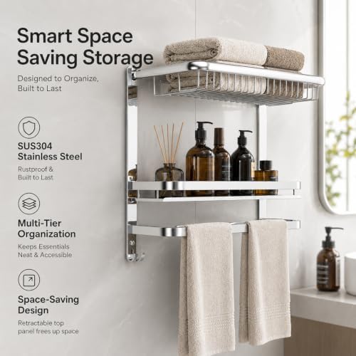 CAXIMSY Towel Rack for Bathroom with 3 Tier Shelf Double Bar Hook (Silvery) - Image 3