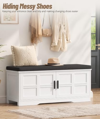Akxomel 39.4" Shoe Storage Bench 2 Doors Wooden Entryway Bench White - Image 3