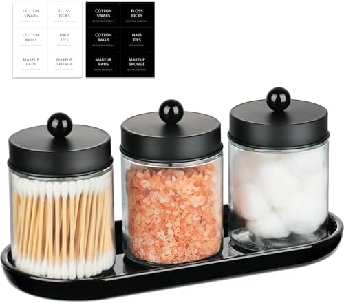 SheeChung 3Pcs Glass Apothecary Jars with Acrylic Vanity Tray & 3 Pack Mason Jar Qtip Holder for Cotton Swabs, Balls, Floss Pick, Bathroom Accessories Set - Image 2