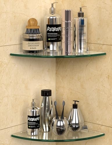 Bakzon Glass Corner Shower Shelf 2 Pack, 9.5" Tempered Glass Shower Caddy, No-Drill Adhesive or Screw Mount, 22 LB Heavy Duty Bathroom Organizer with Rustproof Aluminum Brackets, Renter Friendly by BAKZON
