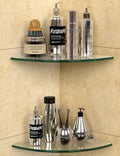 Bakzon Glass Corner Shower Shelf 2 Pack, 9.5" Tempered Glass Shower Caddy, No-Drill Adhesive or Screw Mount, 22 LB Heavy Duty Bathroom Organizer with Rustproof Aluminum Brackets, Renter Friendly by BAKZON