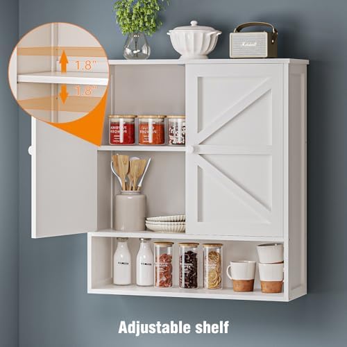 Bathroom Wall Cabinet, White 25.9" x 23.6" Over The Toilet Storage Cabinet, Bamboo Wall Mounted Bathroom Cabinet with Adjustable Shelves for Kitchen & Laundry Room (White) - Image 5