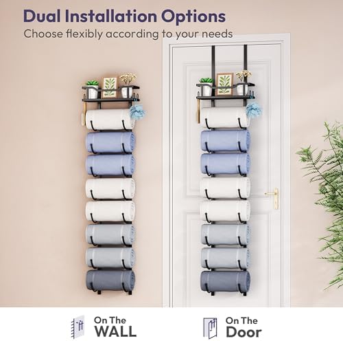 SWTYMIKI Over the Door Towel Rack - 9 Tier Towel Racks for Bathroom Wall Mounted, Towel Holder with Shelf, Hanging Rolled Towel Storage Organizer for Small Bathroom, Camper, RV, Black - Image 6