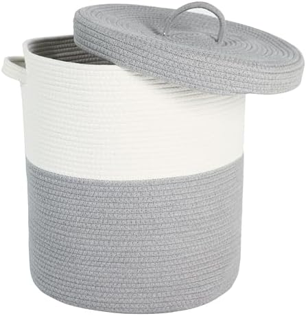 Large Storage Basket with Lid 60L, 16"Wx18"H Woven Laundry Hamper Basket with Handle, Room Decor Cotton Rope Wicker Basket Toy Organizer Bins for Clothes Blankets Pillows, Gray/White Mix includes Lid by JIABOLANG