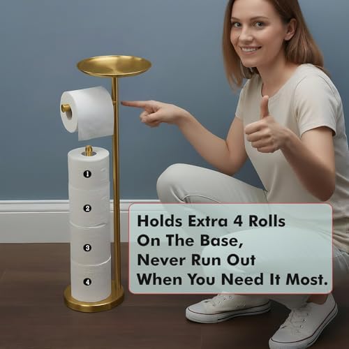 Freestanding Toilet Paper Holder with Shelf, Gold Toilet Paper Stand with Storage Tray and Space for 4 Extra Rolls - Image 4