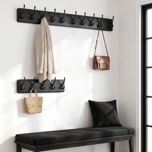 WEBI Coat Rack Wall Mount,10 Hooks,38 9/16" Long Coat Hooks Wall Mounted,16" Hole to Hole,Large Wood Coat Hanger Wall,Hook Rack for Hanging Coats,Jacket,Clothes,Hats,Black,2 Packs - Image 5