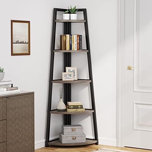Tribesigns 70 inch Tall Corner Shelf, 5 Tier Industrial Corner Bookshelf Bookcase Industrial Corner Ladder Shelf Plant Stand for Living Room, Kitchen, Home Office (Grey) - Image 3