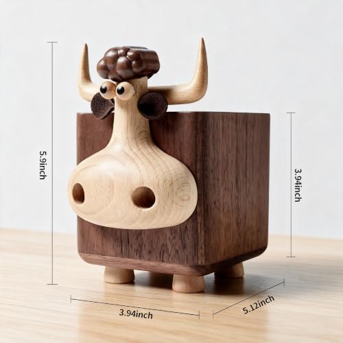 Wood Pencil Holder Cute Pen Holder Bull Desk Organizer Makeup Brush Holder - Image 5