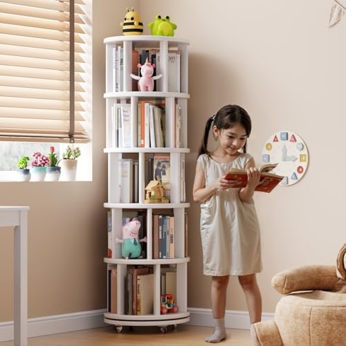 Muwuele 5 Tier Solid Wood Rotating Bookshelf Tower on Wheels, White - Image 3