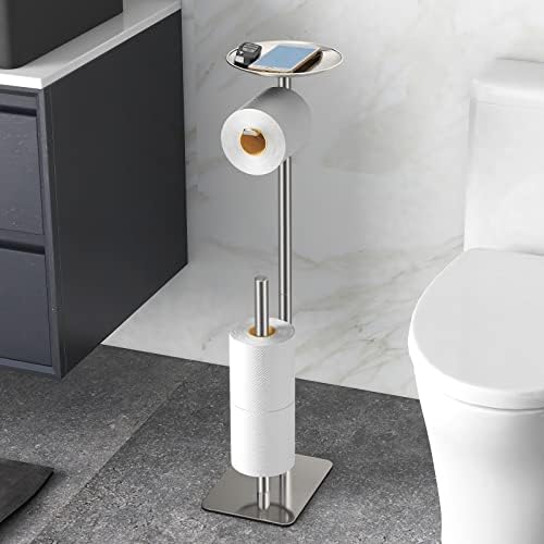 FEILERN Toilet Paper Holder Stand for Bathroom Floor Standing Toilet Roll Dispenser Storages 4 Reserve Rolls, with Top Storage Shelf for Cell Phones, Wipe, Wallet and More(Brush Nickel) by FEILERN