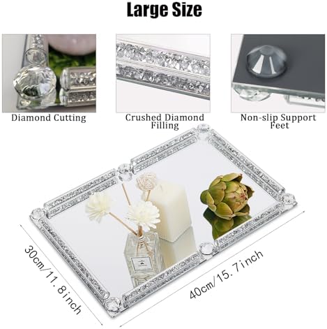 Large Mirror Perfume Tray for Dresser,Silver Crushed Diamond Filled - Image 2