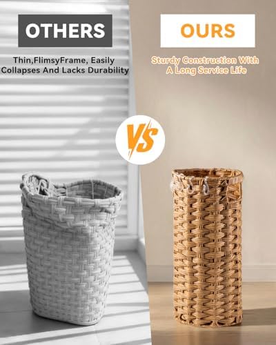 Rattan Umbrella Stand for Entryway,Hand-Woven Umbrella Holder Indoor with Doormat, Removable Drip Tray & 4 Hooks,Waterproof Umbrella Storage Basket - Image 6