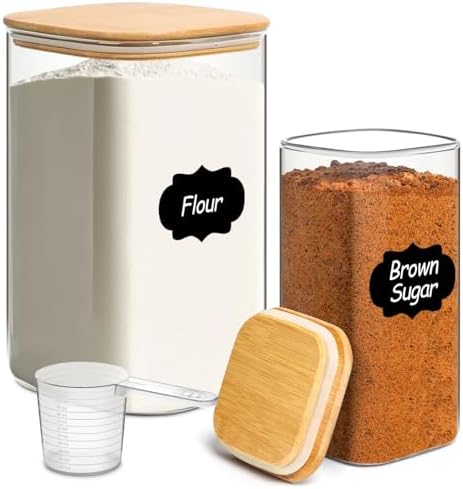 Glass Flour Containers with Bamboo Lids 1.6/4.6 Qt 2 Pack by KTMAMA