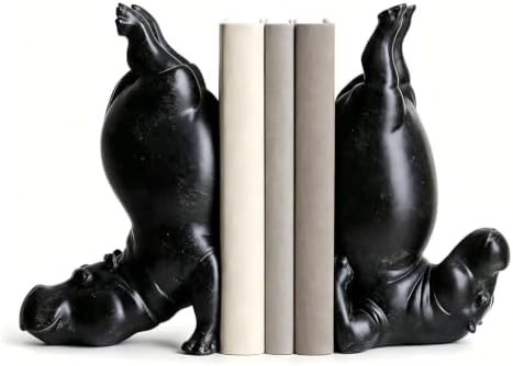Black Resin Hippo Bookends Set of 2 – Heavy Duty Decorative Book Ends for Shelves, Unique Animal Book Stopper for Heavy Books, Hippo Decor for Home Office Bookshelf, Book Lover Gift by wsmart
