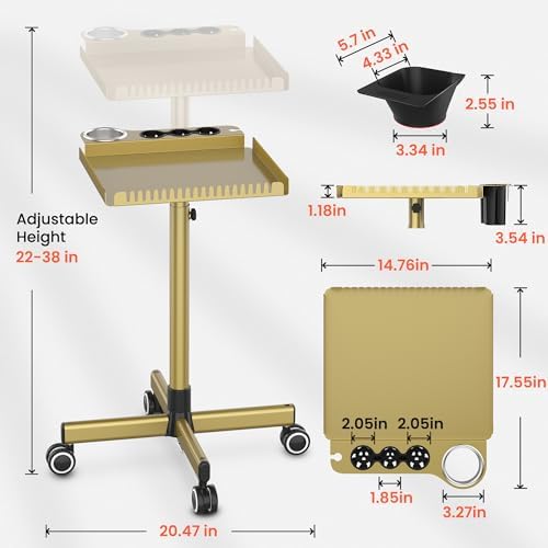 TASALON Gold Salon Tray on Wheels – Salon Rolling Tray Set with Magnetic Hair Dye Bowl, Heat-Resistant Tool Rack, Hair Extension Holder for Styling, Rolling Tool Cart & Hair Salon Station Organizer - Image 6