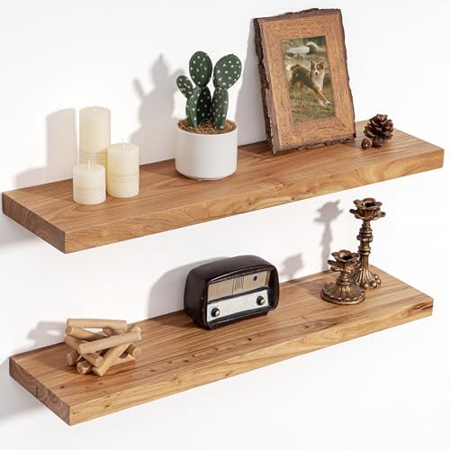Floating Shelves for Wall Decor, 8" Deep Rustic Solid Elm Wood Floating Shelves Wall Mounted, Wall Shelves with Invisible Bracket for Living Room Bathroom Bedroom Kitchen, 30 Inch Set of 2, Natural by FLYJOE