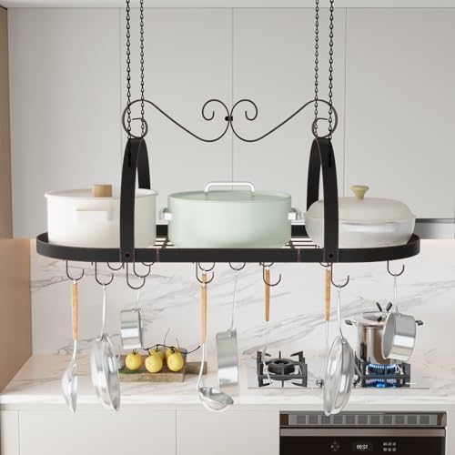Metal Hanging Pot Rack Ceiling Mount, Vintage Oval Pot and Pan Storage Rack - Image 2
