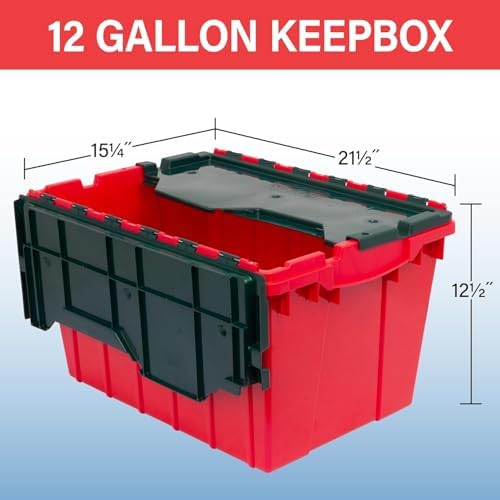 Akro-Mils KeepBox 12 Gal Storage Box, Lid Attached, Stackable, Red/Green - Image 3
