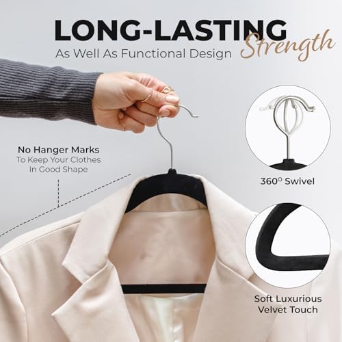 Our Modern Space 100 Pack Velvet Hanger for Shirt Pants Dresses Skirts Suits Jackets - Slim Space Saving Design - Standard Coat Hanger - Sturdy & Durable Design with Shoulder Grooves Hook - Image 4