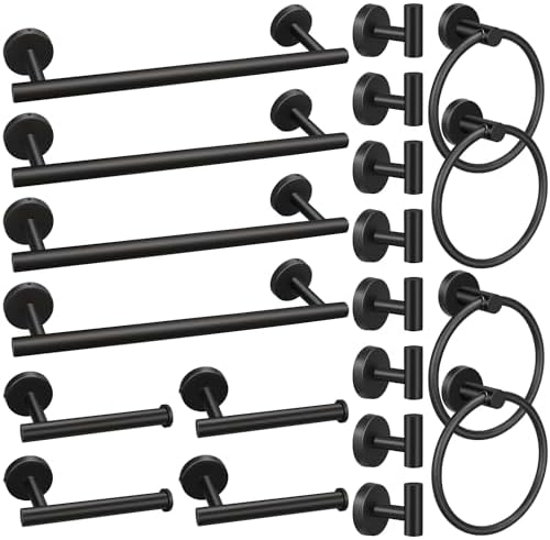 20pcs Bathroom Hardware Set, Matte Black Bathroom Hardware Set, Including 16" Hand Towel Bars, Toilet Paper Holders, Towel Rings, Robe Towel Hooks by RUBY.Q