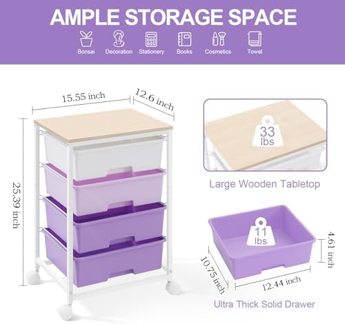 SYKIARIOL Rolling Cart with Drawers, 4-Drawer Utility Cart, Purple - Image 3
