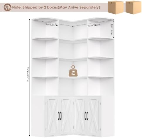 FINETONES 74" Tall Corner Bookshelf, White Bookshelf with Doors - Image 2