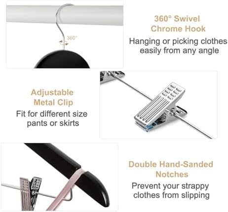 TOPIA HANGER Wooden Suit Hangers with Adjustable Metal Clips (20 Pack), Solid Wood Coat Hangers, 360° Swivel Hook, Premium Clothes Hangers for Jacket, Pant, Jeans, Blouse-Black, CT28B20 - Image 2