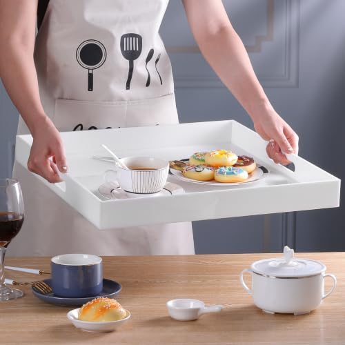 White Acrylic Large Ottoman Tray with Handles 18"x18"x2" Spill Proof Serving Tray Rubber Boot Organizer Tray Decorative for Living Room Bedroom Kitchen Entryway Coffee Table Countertop - Image 6