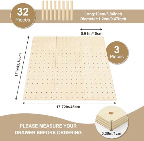 3 Pcs Wood Pegboard Drawer Organizer, Natural Wood, 17 x 5.91 Inch, Pine - Image 2