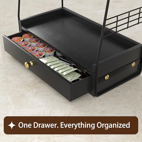 Coffee Bar Station Organizer with Drawer, 2-Tier Countertop Shelf (Black) - Image 4