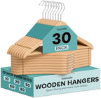 SereneLife Wooden Hangers 30 Pack, Non-Slip, Sturdy, Heavy Duty Suit Hanger Set with 360° Chrome Swivel Hook, Space-Saving Wood Hangers Closet Organizer for Clothes, Coat, Pants, Dress (Natural) by SereneLife