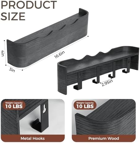 Coat Rack Wall Mount with Shelf Entryway Shelf Modern Key Holder Hanger Wall Shelves with Hidden Hooks for Hanging Towels Coats Hats Bags for Hallway Bathroom Bedroom (Wavy Black, 4 Hooks) - Image 2