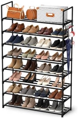 Hsscblet 8-Tier Metal Shoe Rack for Closet and Entryway with Hooks, Black by Hsscblet