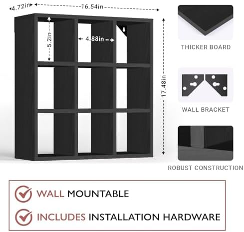 Helsin 9 Grid Vintage Coffee Mug Display Rack, 16inch Wall Mounted Wooden Curio Shadow Box Shelf, Cup Floating Shelves Display and Organizer (Black) - Image 3