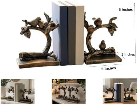 Bellaa Birds Bookends Vintage Decorative Book Ends for Farmhouse Retro Rustic Bookshelf Stoppers Antique Bronze Sparrow Lightweight 23446 - Image 5