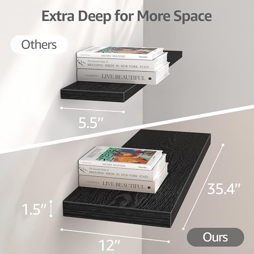QEEIG 12" Deep Floating Shelves for Wall (Black, Set of 3, 35.4" x 12") - Image 3