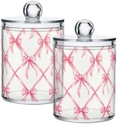 4 Pack Holder Dispenser with Lid Pink Bow Plaid Pattern Clear Vanity Canisters Jars Cotton Balls Pads Swabs Holder for Bathroom Office Dresser Organization by zyrtty