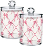 4 Pack Holder Dispenser with Lid Pink Bow Plaid Pattern Clear Vanity Canisters Jars Cotton Balls Pads Swabs Holder for Bathroom Office Dresser Organization by zyrtty
