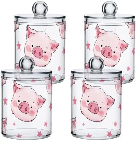 susiyo 4 Pack Small Qtip Holder Dispensers Pigs and Stars Plastic Jars with Lid for Cotton Balls Swabs Pads - 4 Pcs by susiyo