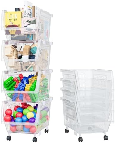 Small Stackable Storage Bins Open Front with Wheels, 4 Pack - Clear by Skywin