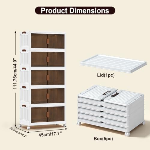 120QT Stackable Storage Bins With Lids, Collapsible Plastic Storage Bins with Wheels and Doors, Foldable Plastic Cabinets for Bedroom Dorm Garage Office Kitchen, 5 Pack - Image 2