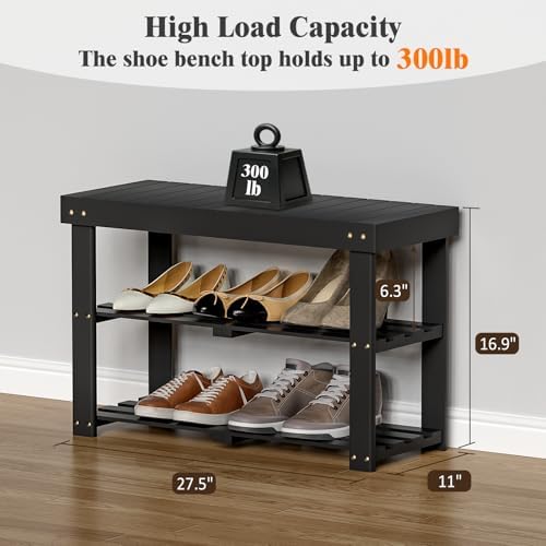 BAMBUROBA Bamboo Shoe Bench, 3-Tier Entryway Storage Rack,Black - Image 2