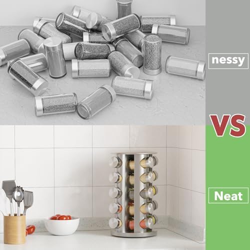 New England Stories Revolving Spice Rack Set with 20 Spice Jars, Kitchen Spice Tower Organizer for Countertop or Cabinet - Carousel Storage Includes 386 Spice Labels (Silver) - Image 2