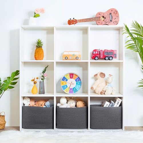 MINTWOOD Design 3-Pack Decorative Woven Storage Baskets for Shelves, Cube Bin Box for Organizing Books, Shoes, Dog Toys, Pantry Closet and Living Room Organizer, Charcoal Gray - Image 4