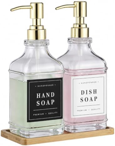 Kitchen Glass Soap Dispenser Set with Tray 2 with Gold Rust Proof Pump by modunfulbathroom