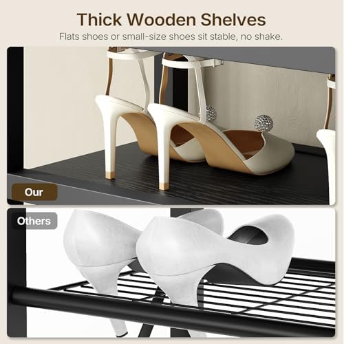 YATINEY Entryway Bench with Shoe Storage, 3-Tier Shoe Rack Bench with Wooden Shelves and 3 Non-Woven Drawers, PU Padded Shoe Storage Bench for Entryway, Bedroom, Black HX07BB - Image 6