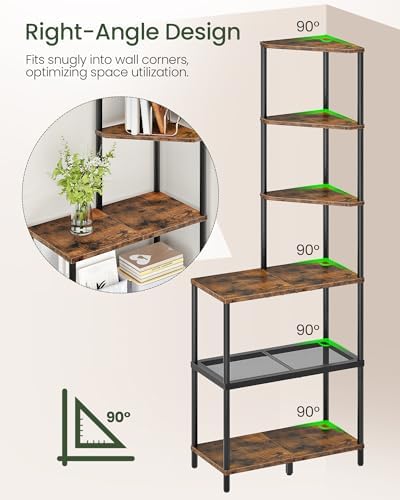 CHOEZON 6-Tier Corner Shelf, Industrial Corner Bookshelf with Desk Top, Diamond-Shaped Storage Shelves, Display Stand for Small Spaces, Living Room, Home Office, Foyer, Rustic Brown and Black TCJ70BF - Image 6