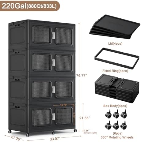 BROVIEW 220Gal Extra Large Storage Bins with Lid and Wheels, Black, 4 Pack - Image 2