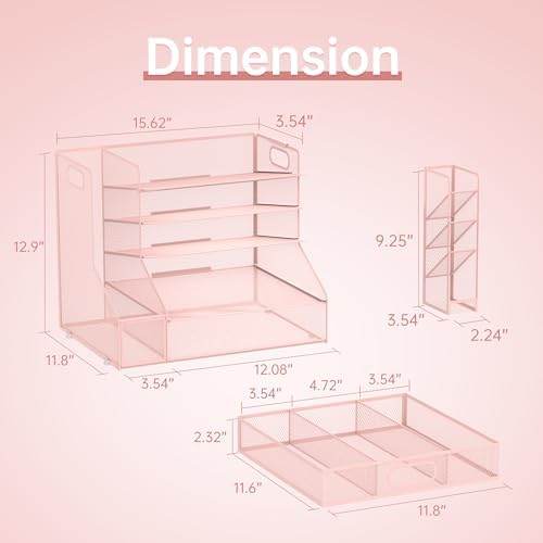 Desk Organizer with 5 Tier File Holder and Sliding Drawer Pen Holder Pink - Image 5